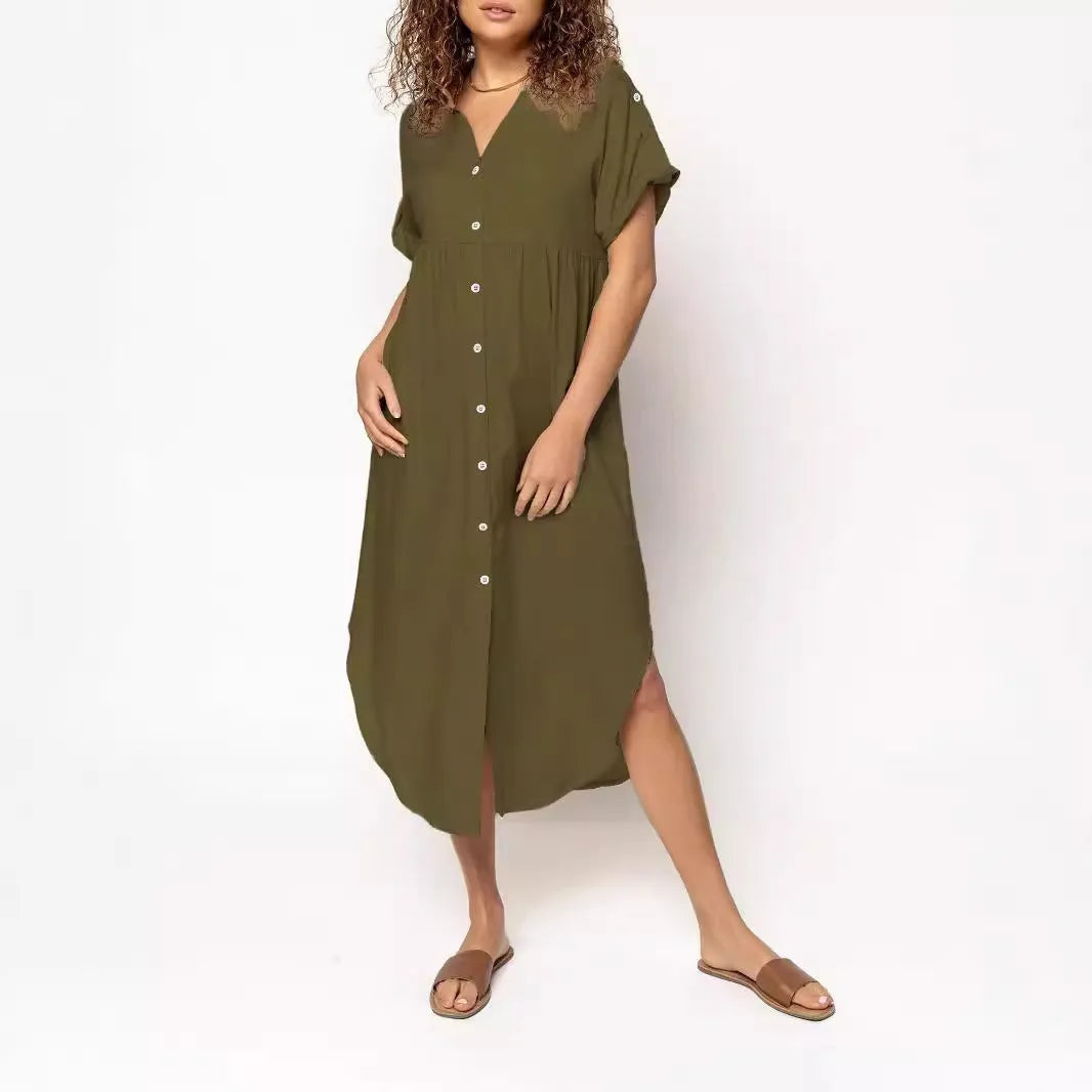 Women's casual button front mid-length dress in solid colour with regular sleeves and loose fit