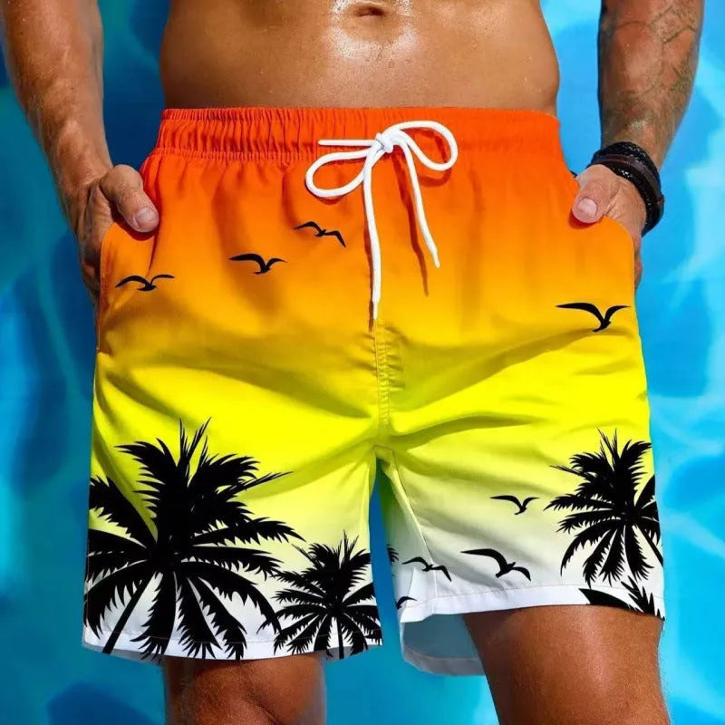 Men's loose fit ethnic style polyester swimming trunks on a white background.