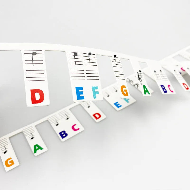 Set of white cardboard piano keyboard stickers showing colour note bars and black letter labels for 88 keys.