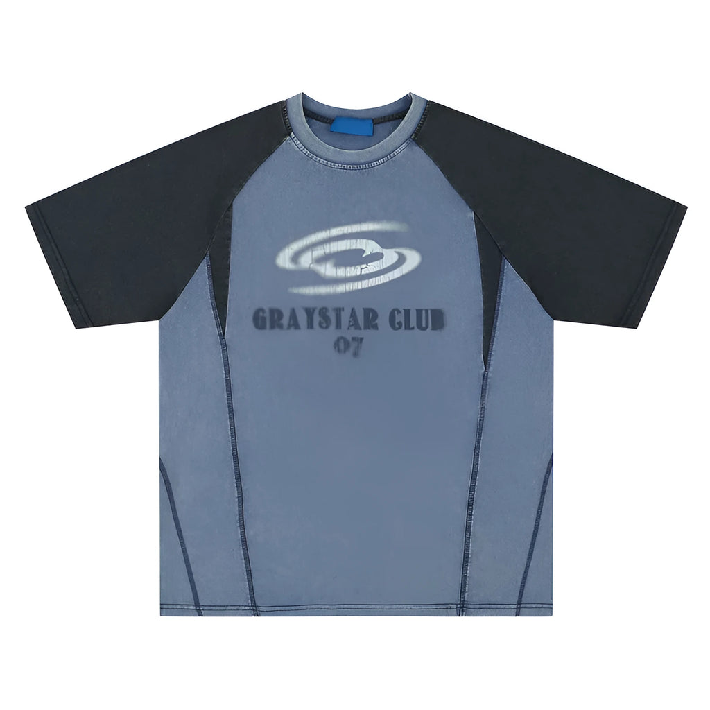 Men's blue raglan sleeve t-shirt with hip hop letter print design showing loose fit casual style