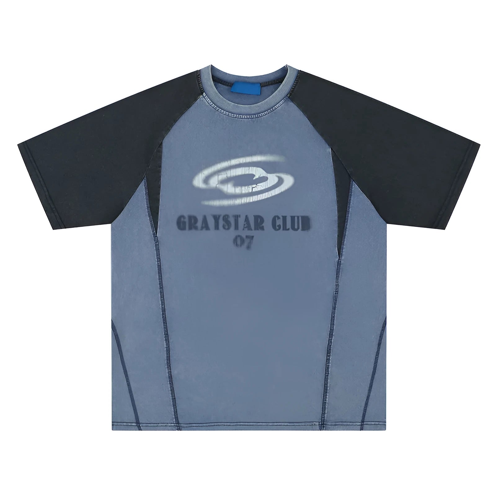 Men's blue raglan sleeve t-shirt with hip hop letter print design showing loose fit casual style
