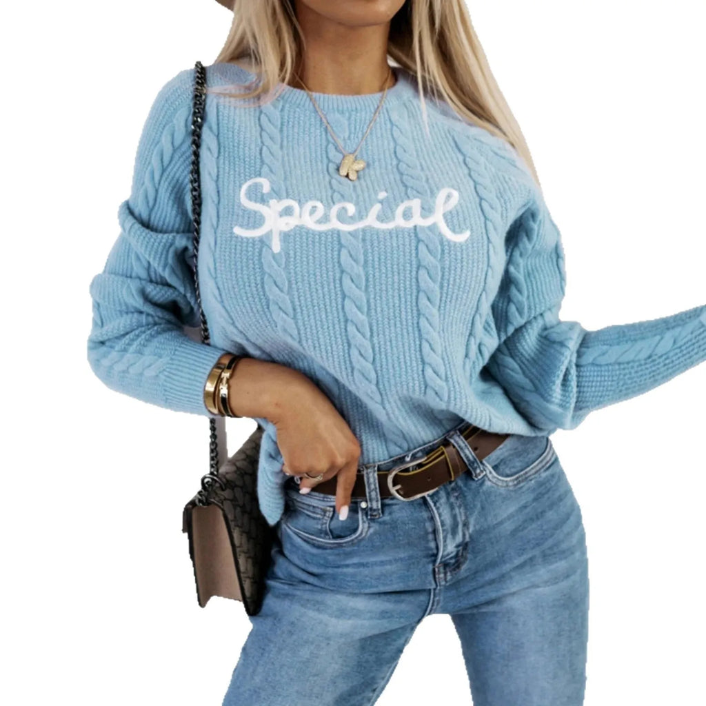 Blue crew neck pullover sweater with embroidered letters pattern in street fashion style