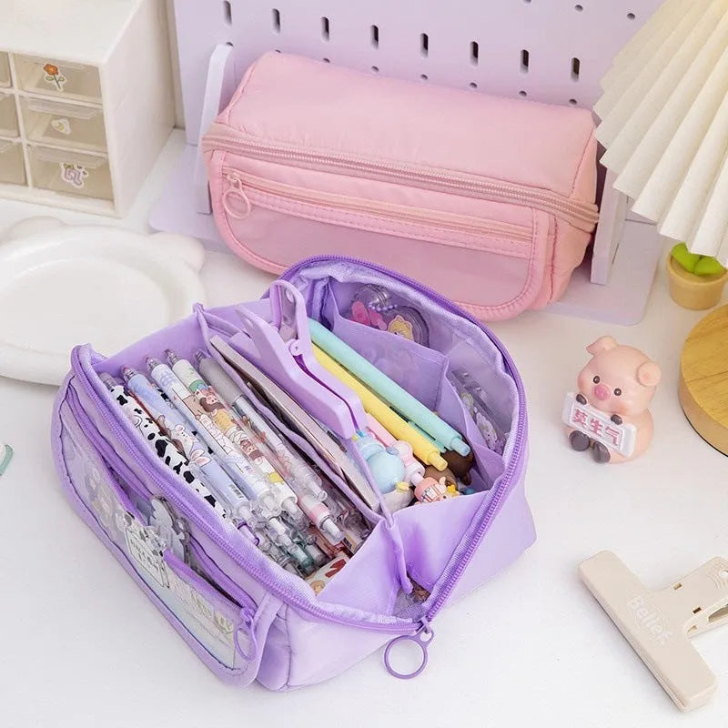 Korean style canvas pencil case with 10-layer flip design open showing multiple compartments