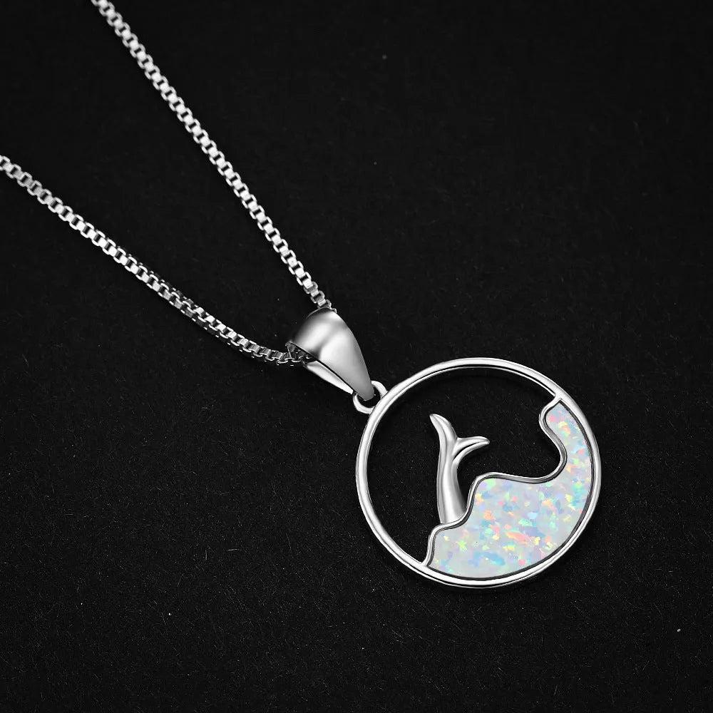 Copper electroplated fishtail necklace with round genuine opal pendant in blue or white colour