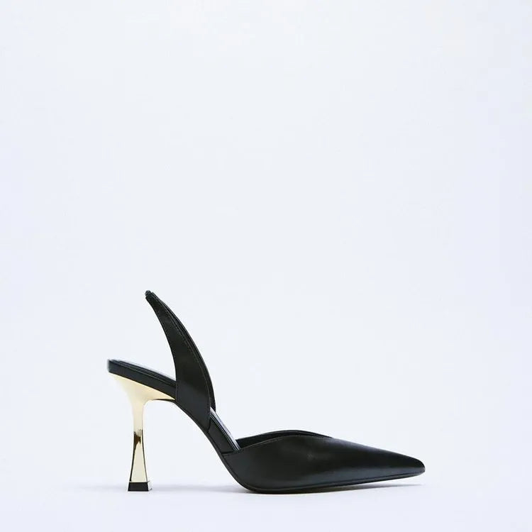 Patent leather pointed high heels in black and apricot colours with Korean-style design