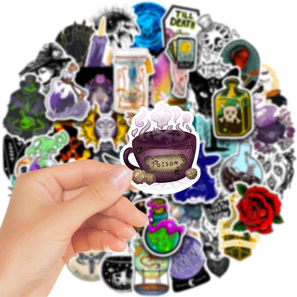 Waterproof laptop stickers 50 sheet pack showing glossy PVC material and various designs