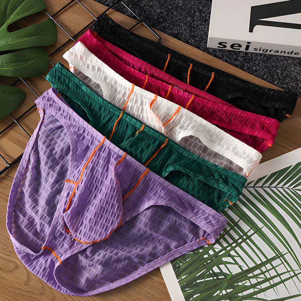 Men's low waist ice silk lace briefs in white, black, green, red, and purple on a size chart.