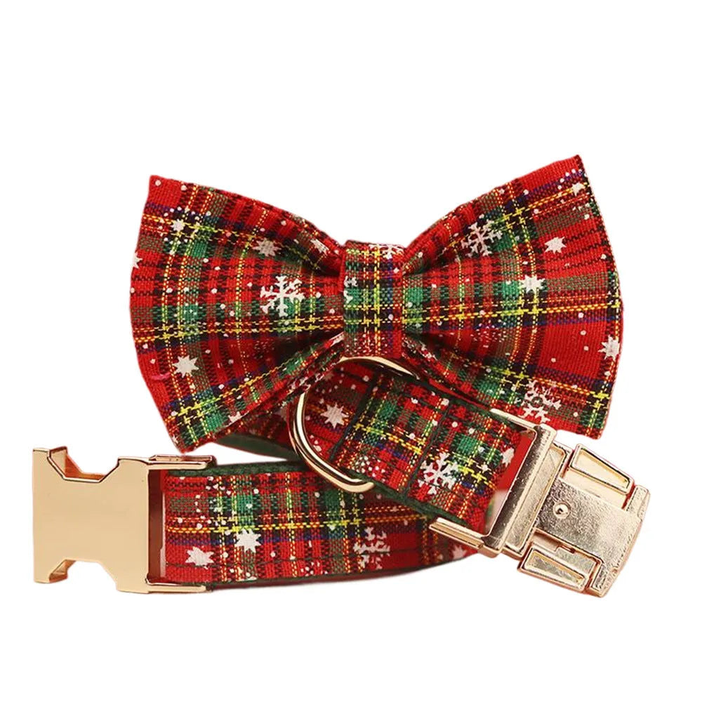 Green background snowflake Christmas pet collar set with dog leash bow and vest in cloth material