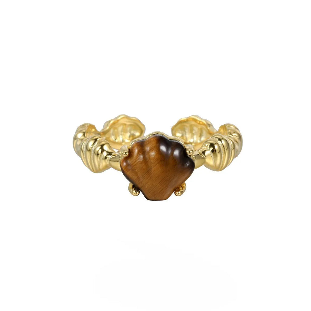 Adjustable silver ring with shell design and tiger eye stone in white gold plating