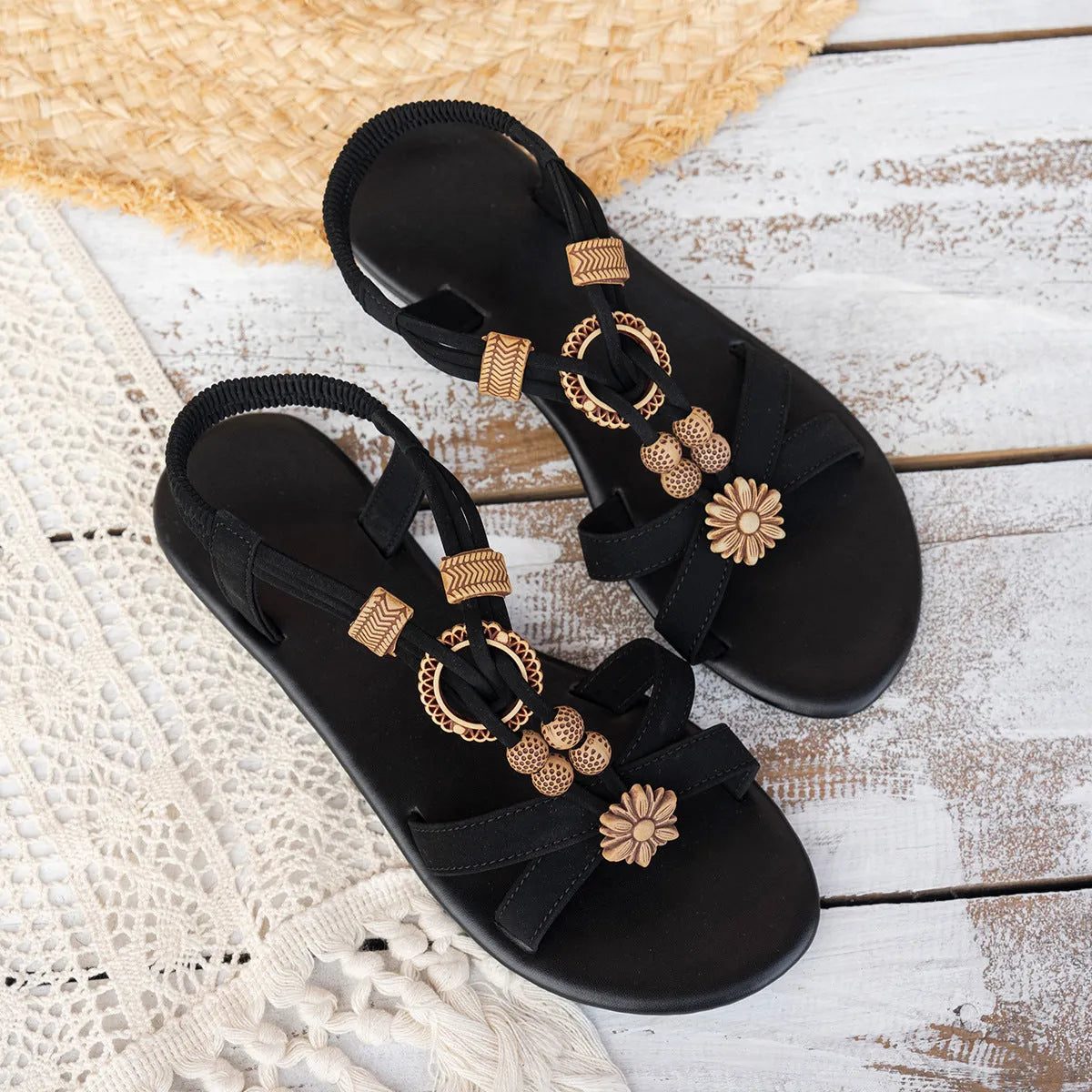 Black ethnic style women's sandals with beaded weave upper and elastic band