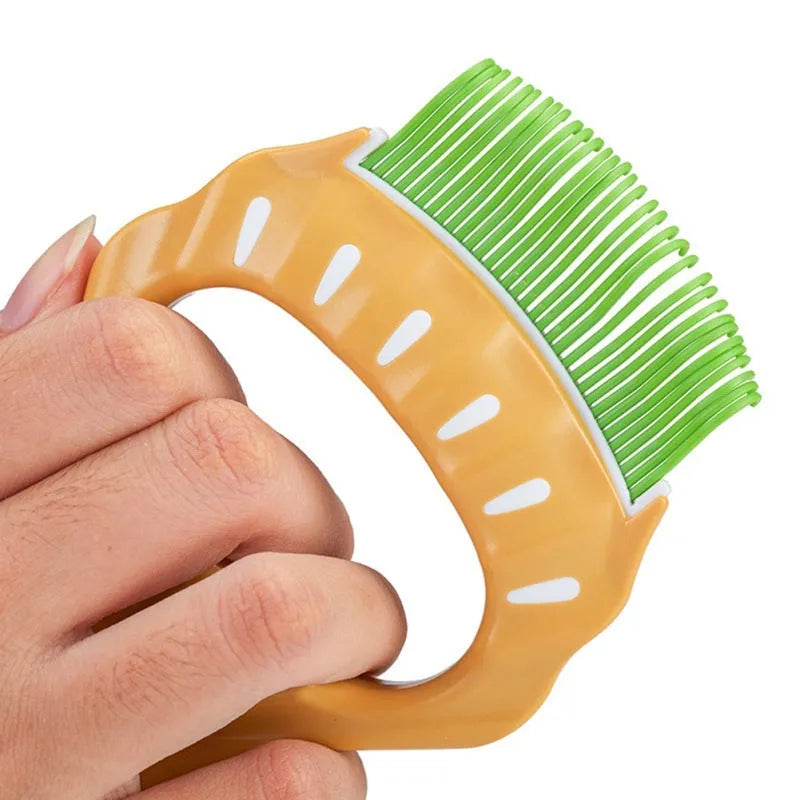 Shell-shaped pet grooming brush with bent wire bristles in green colour