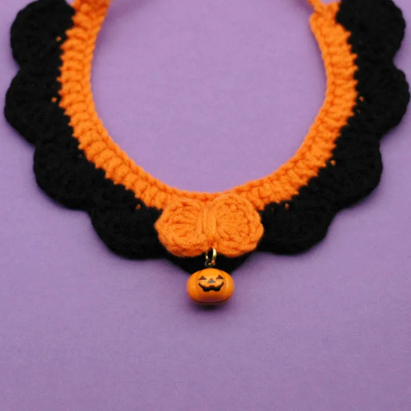 Hand crocheted wool Halloween pet collar with pumpkin design and bell in adjustable sizes for cats and dogs