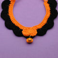 Hand crocheted wool Halloween pet collar with pumpkin design and bell in adjustable sizes for cats and dogs