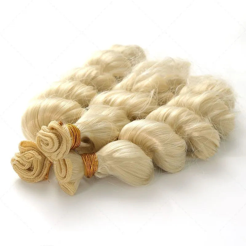 Golden synthetic hair weft wig for women shown in 18 inch, 20 inch and 22 inch length options.