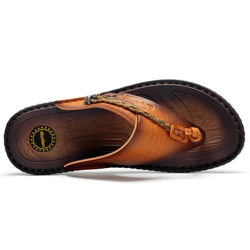 Men's dark blue herringbone outdoor slippers with a rubber sole, shown in a large size.
