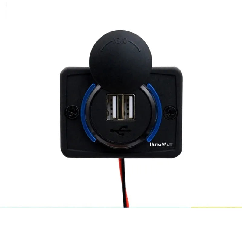 Black 12V dual USB car charger with 3.1A output and mounting screws