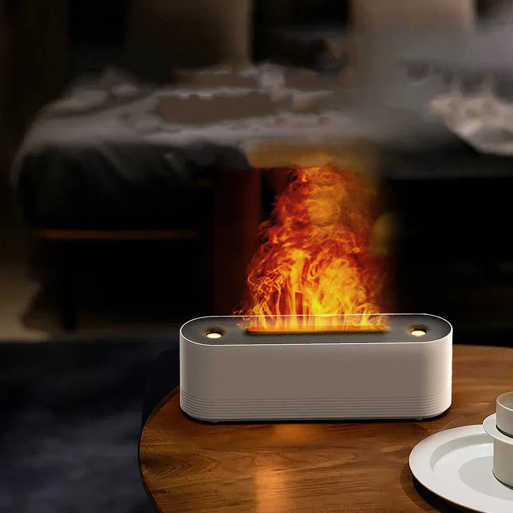 Black Flame Air ultrasonic humidifier and aroma diffuser with LED mood light on.