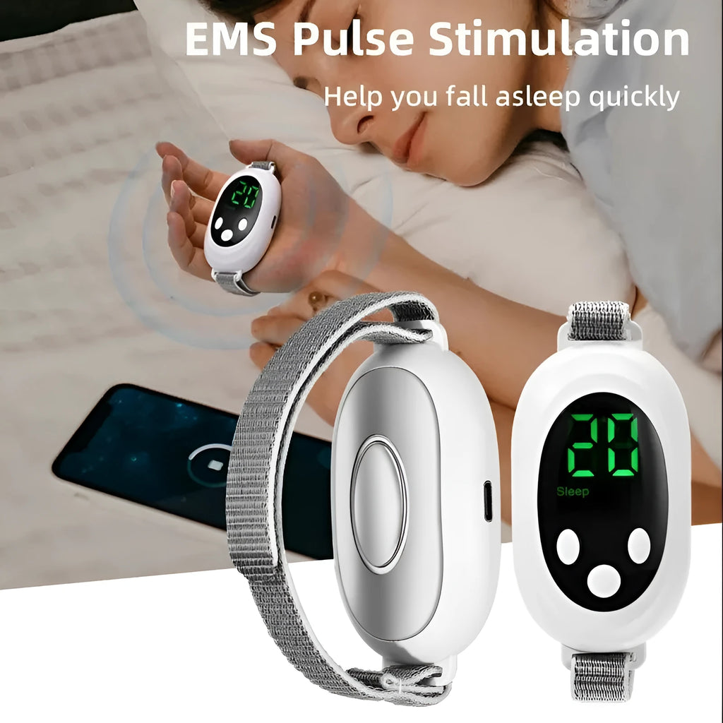 White sleep aid device with remote control and adjustable intensity settings including sleep bracelet
