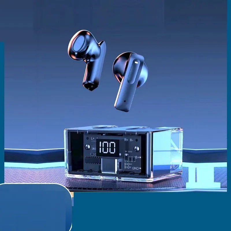 Transparent space capsule case showing Jerry chip Bluetooth earphones inside with digital battery display