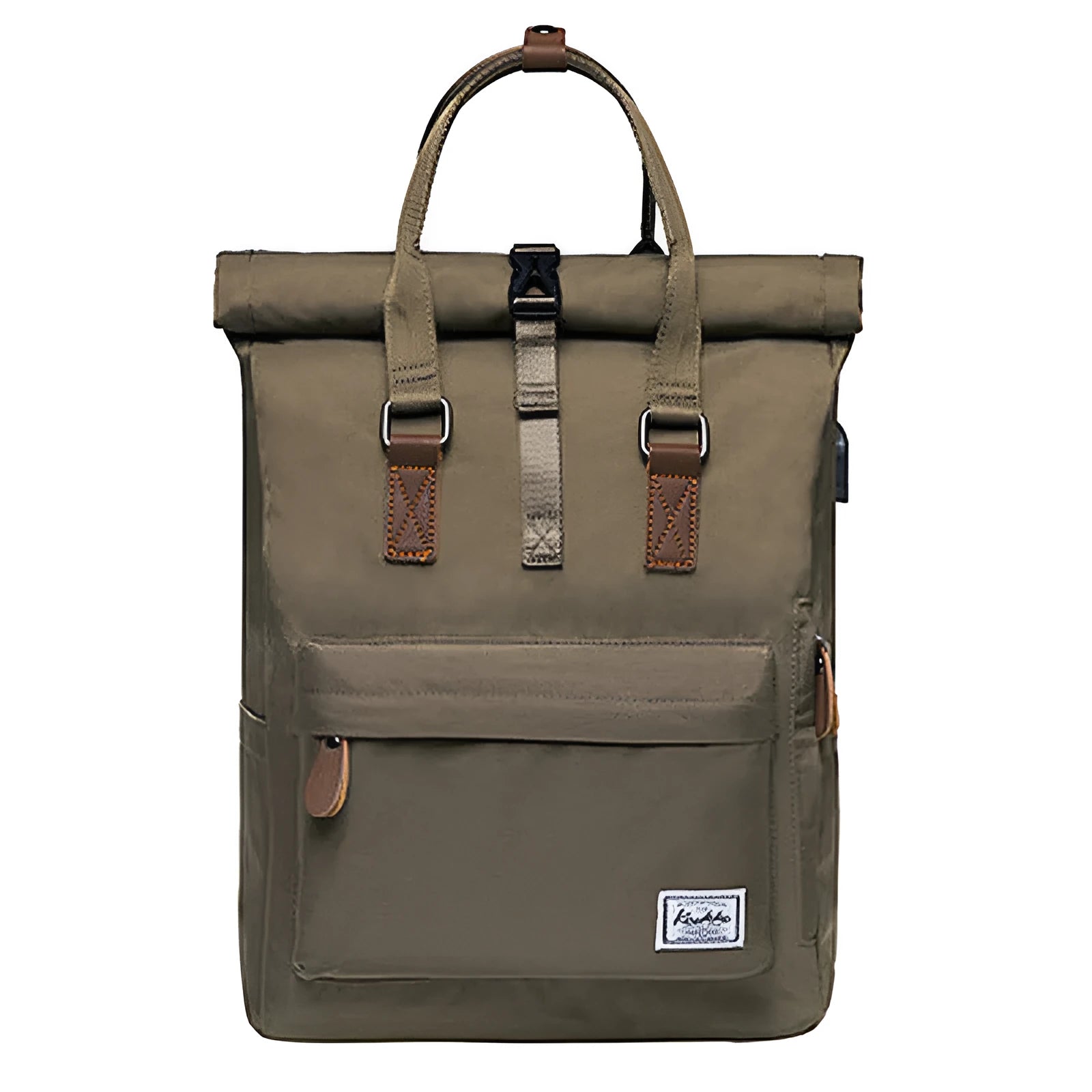 Casual black polyester backpack with cover-type opening, showing internal computer and zipper pockets.