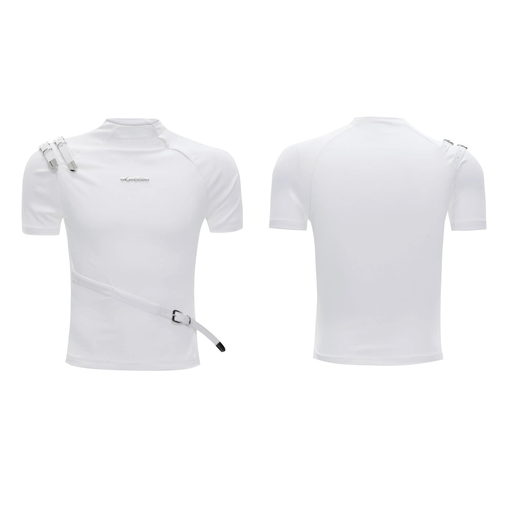 Men's slim fit black cotton T-shirt with a metal belt design on the stand-up collar.