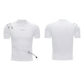 Men's slim fit black cotton T-shirt with a metal belt design on the stand-up collar.