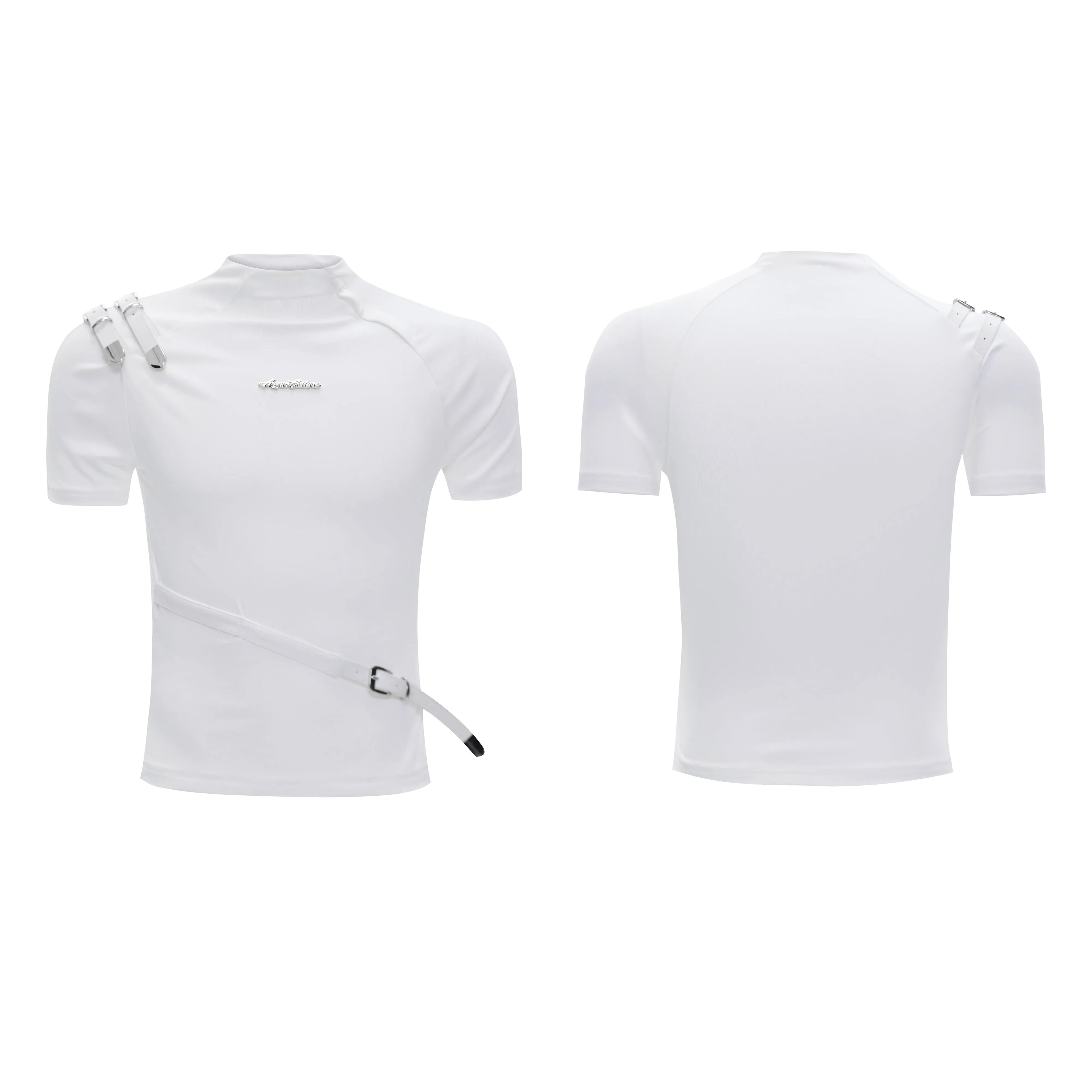 Men's slim fit black cotton T-shirt with a metal belt design on the stand-up collar.