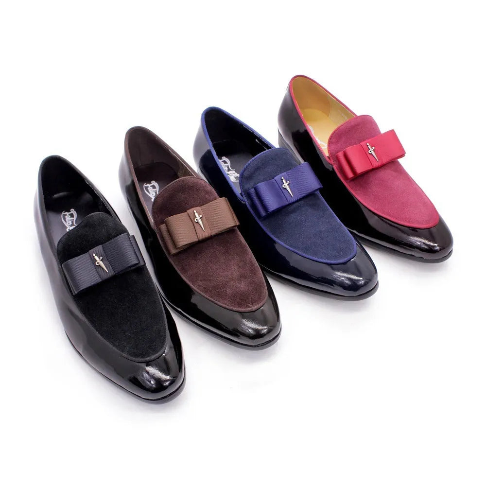 Men's low-top patent leather shoes with tassel detail in black, blue, brown, or red colours.