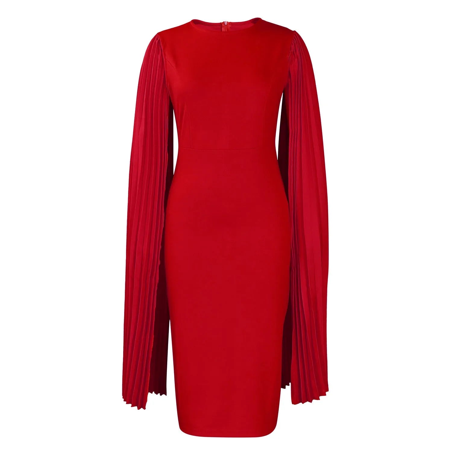 Round neck evening gown with pleated shawl collar and long sleeves in polyester fabric