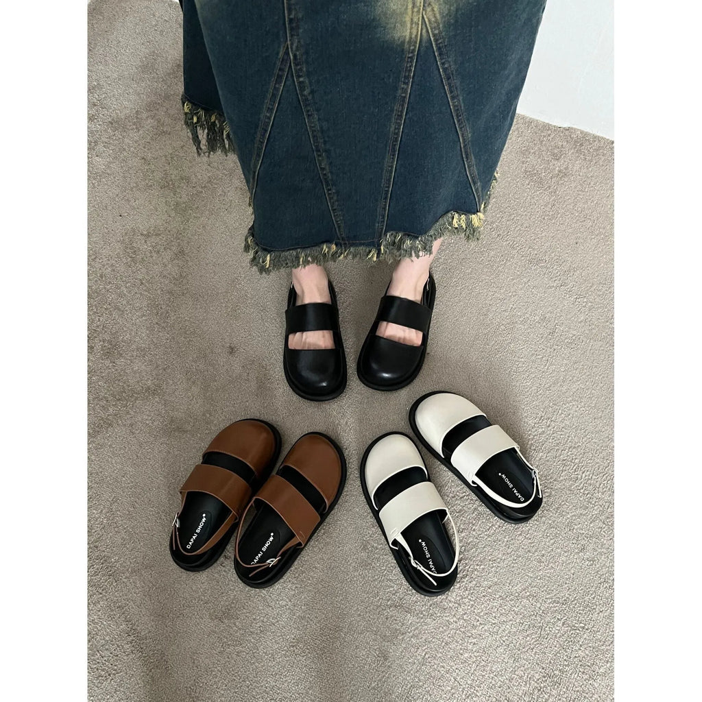 Retro one-strap sandals with buckle closure and breathable closed-toe design in microfiber