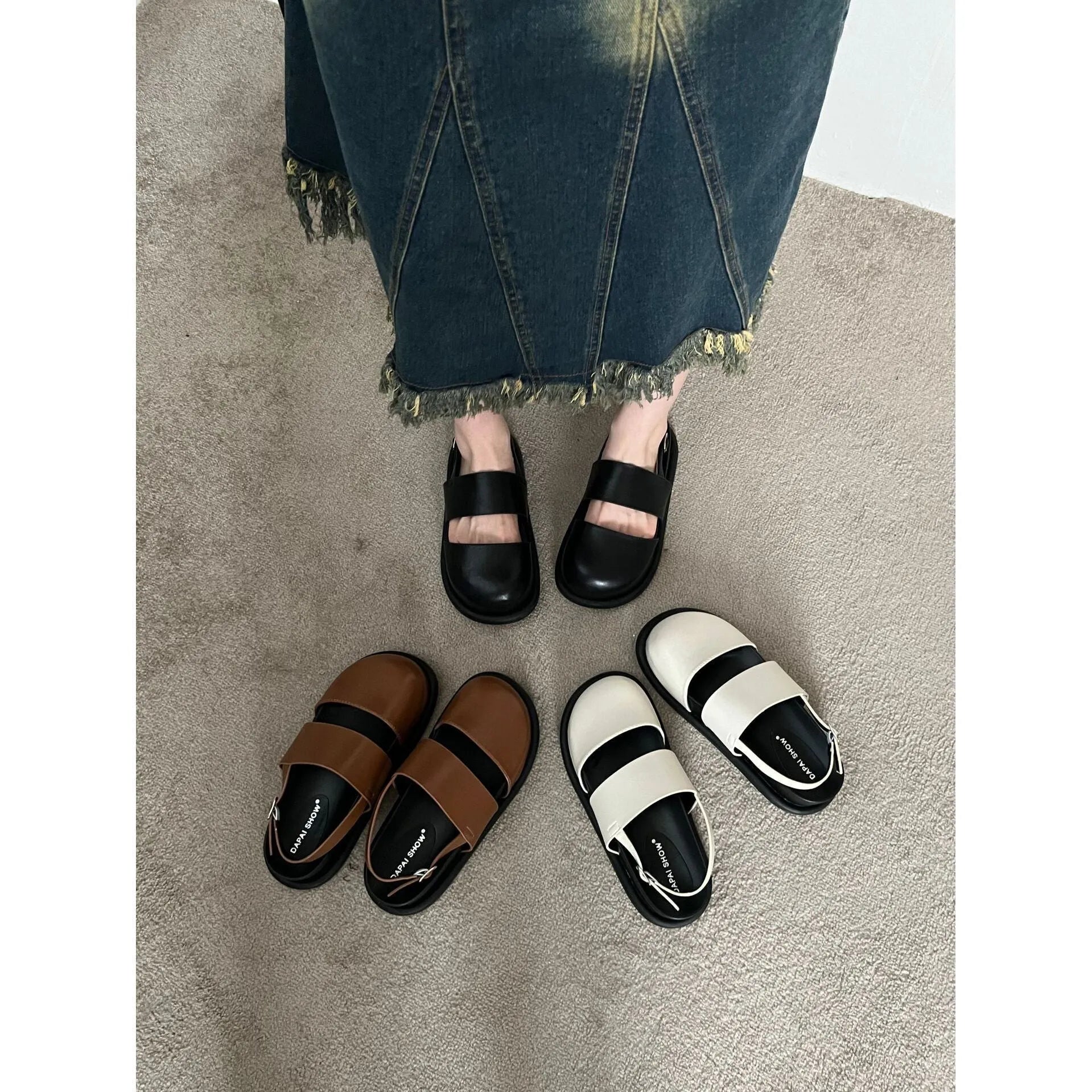 Retro one-strap sandals with buckle closure and breathable closed-toe design in microfiber