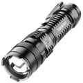 Black mini aluminium alloy telescopic LED flashlight with zoom focus and pocket clip.