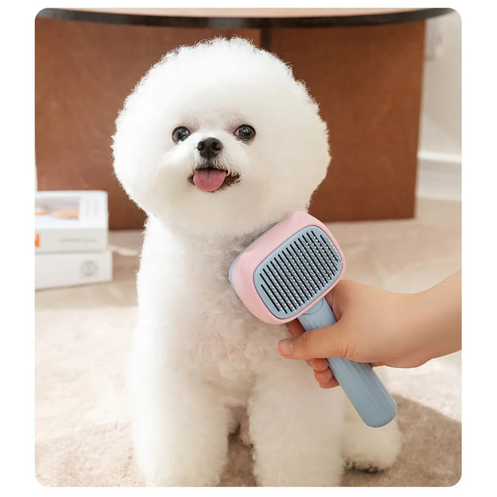 Blue and green double-sided pet grooming brush with deshedding rake and dematting comb.
