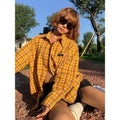 Dopamine yellow loose fit plaid shirt with cardigan style, chemical fibre blend fabric