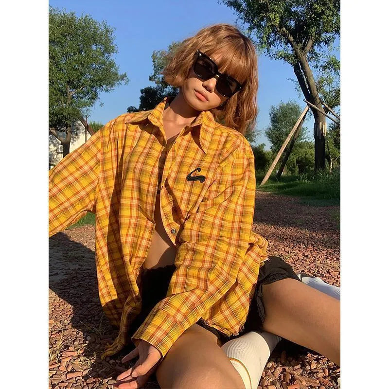 Dopamine yellow loose fit plaid shirt with cardigan style, chemical fibre blend fabric