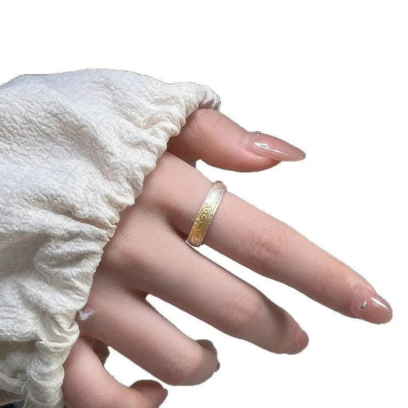 Adjustable open mouth silver gold electroplated ring with Xiangyun cloud pattern on white copper metal