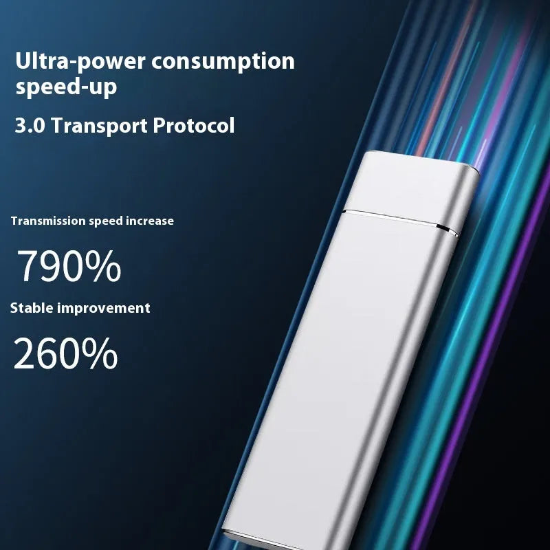 Sapphire blue portable external SSD drive with metal housing next to USB cable