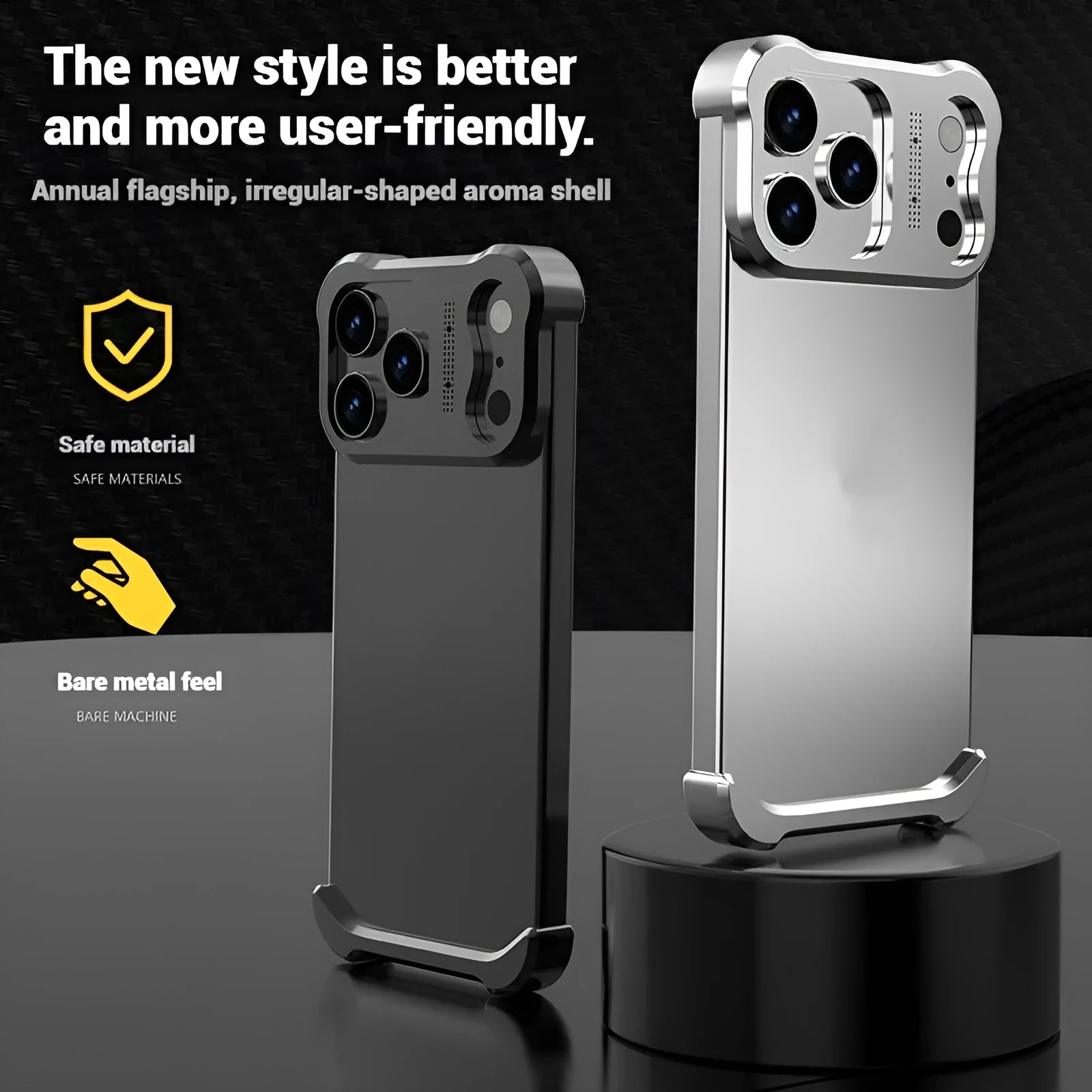 Special-shaped aromatherapy aluminium alloy hollow phone case in black for iPhone 14 Pro Max