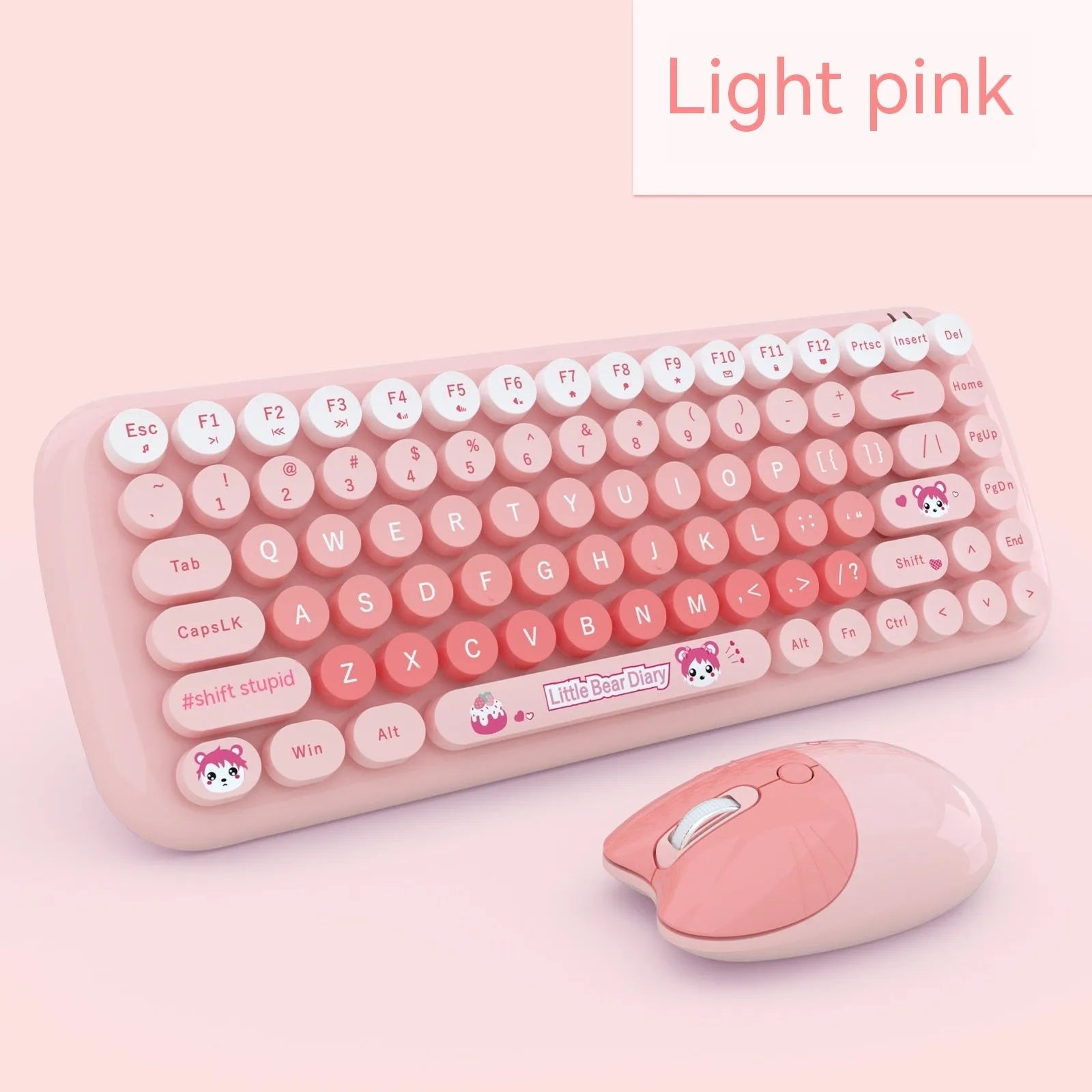 Pink wireless keyboard and mouse set with cartoon design showing keyboard dimensions of 43.5cm