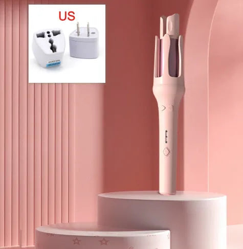 White automatic hair curler with 32mm barrel showing pink or purple colour accents and included power adapter