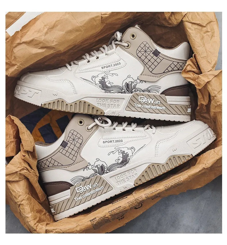 Men's high-top casual board shoes in beige, white, and blue colour options showing lace-up design