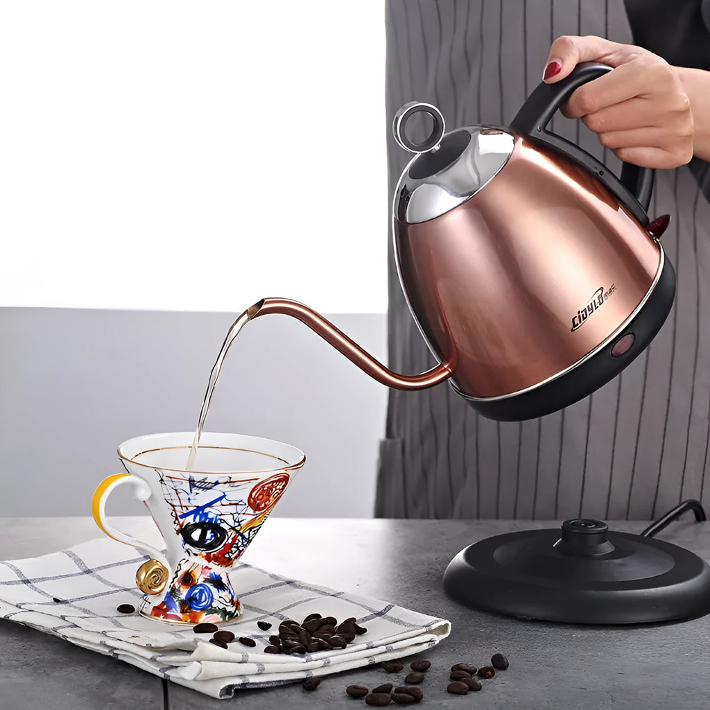 Stainless steel electric kettle with touch control panel in gold colour showing 1L capacity markings