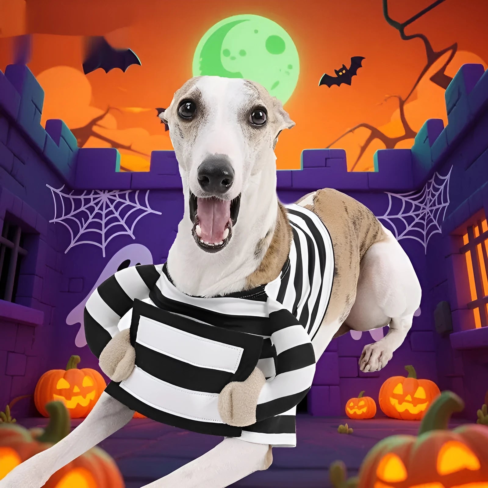 Black and white striped dog Halloween costume on a dog, made from polyester, available in sizes S to XL
