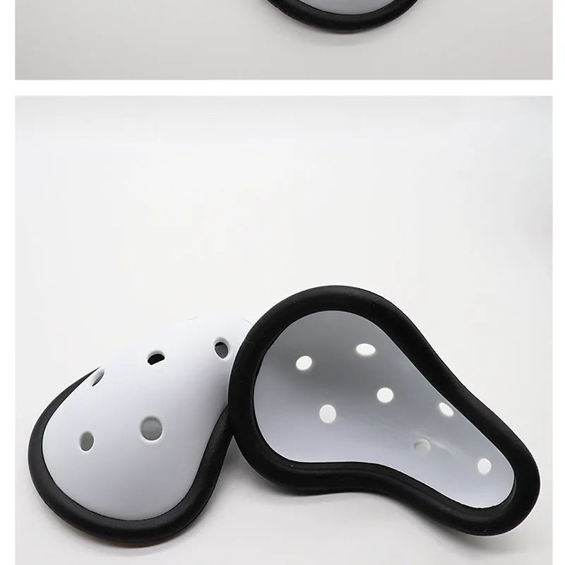 Rubber sports genital protector for adults and children, used in boxing, rugby, hockey, and martial arts.