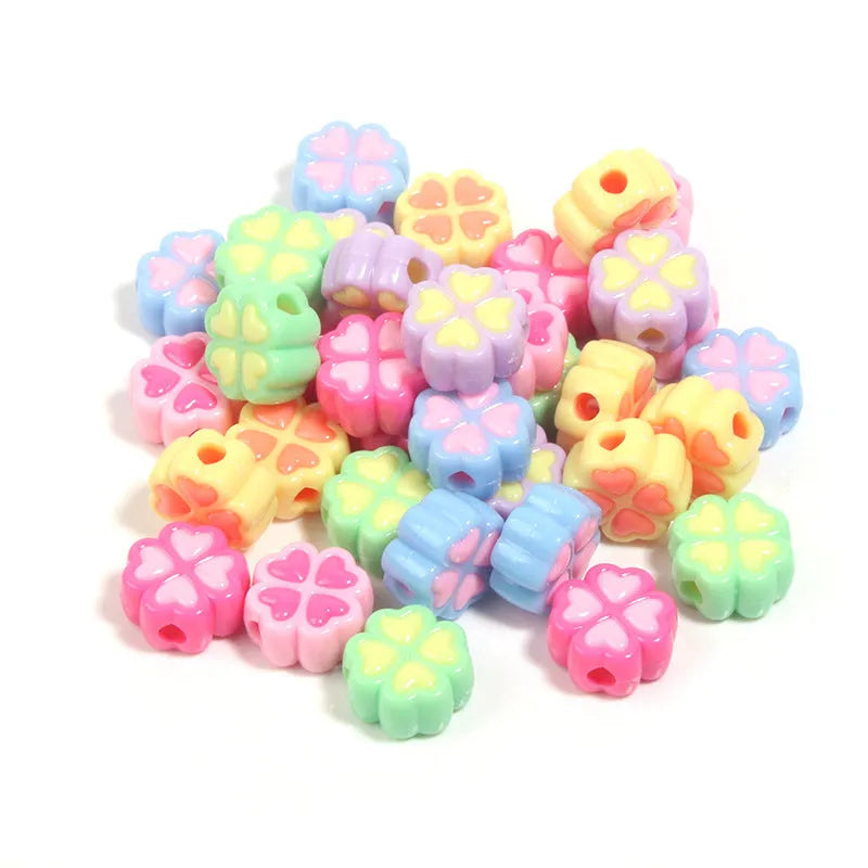 15mm frosted acrylic love clover beads in mixed colours: rose red, pink, yellow, green, blue, purple.