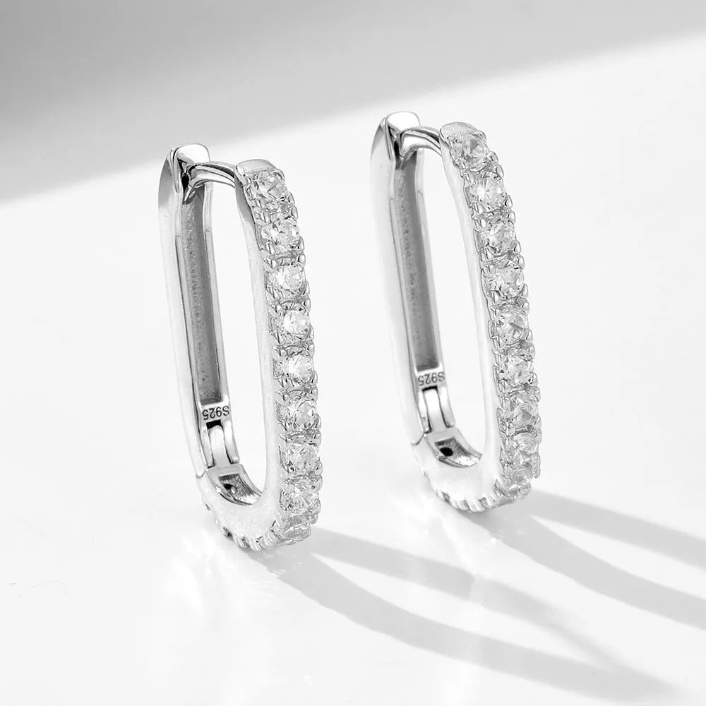 S925 sterling silver oval zircon ear clip earrings with geometric design in white gold tone