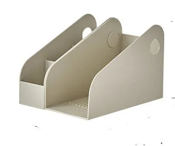Desktop plastic storage box with integrated book shelf and two grid compartments