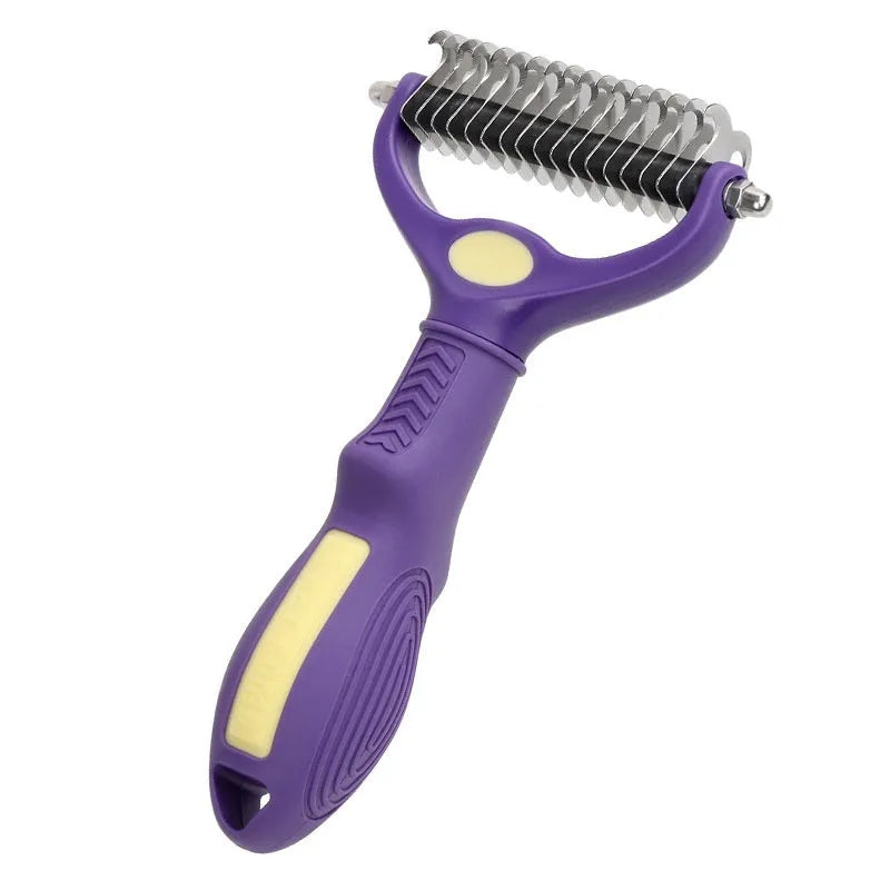 Purple double-sided plastic pet comb for detangling knots on dogs and cats