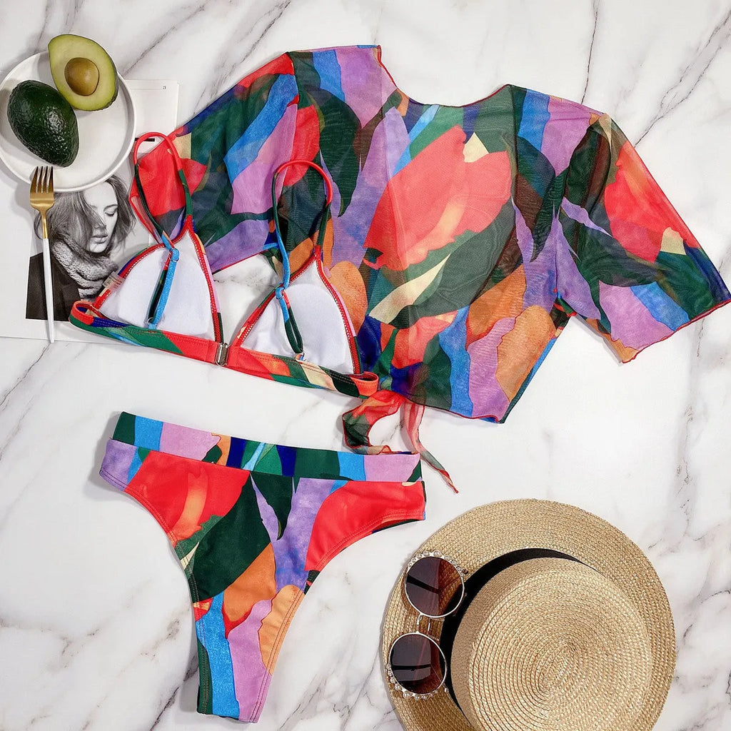 Red printed women's split swimsuit bikini for swimming and surf sports.