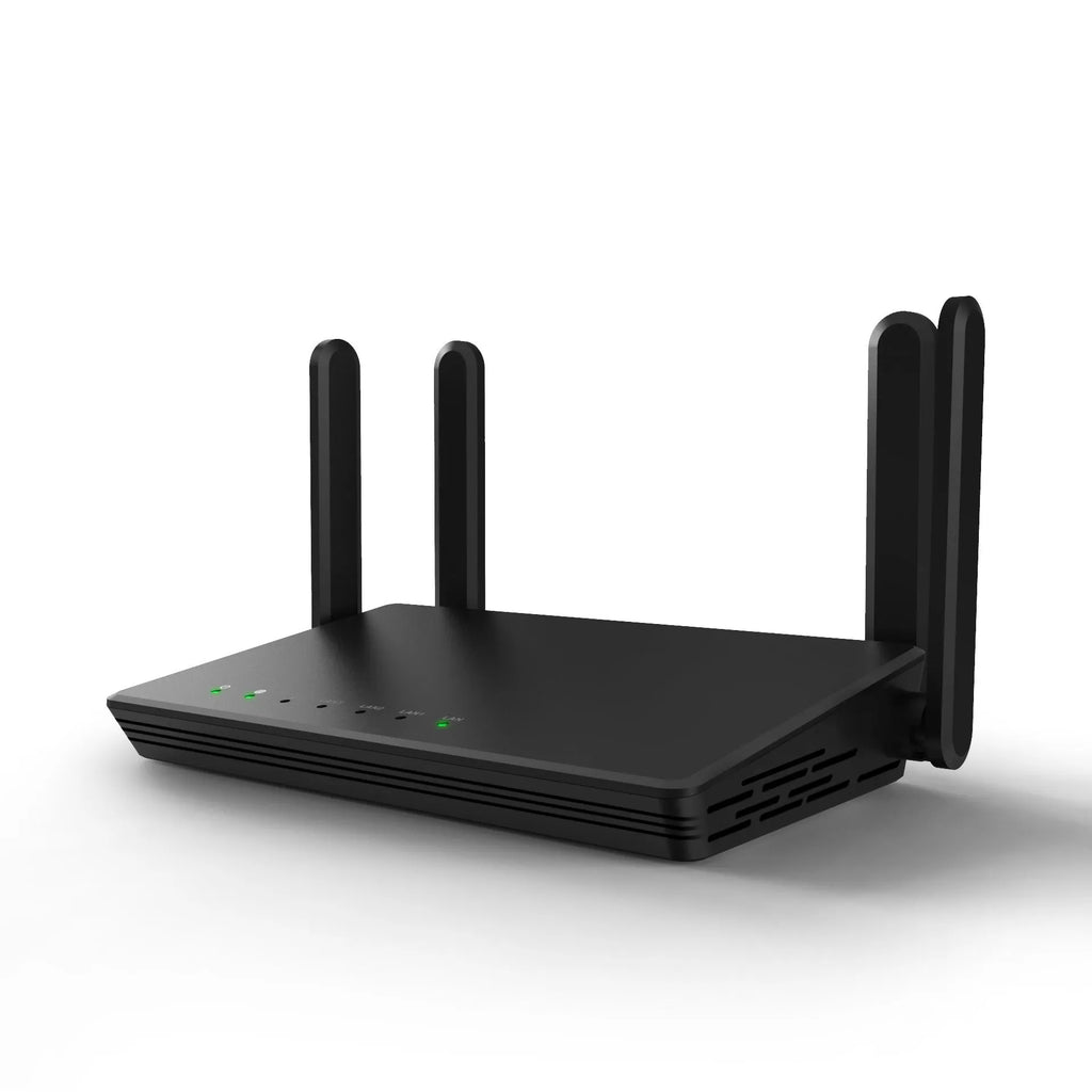 White 300Mbps wireless router with black antennas placed on a desk, size 26 x 6 x 6 cm